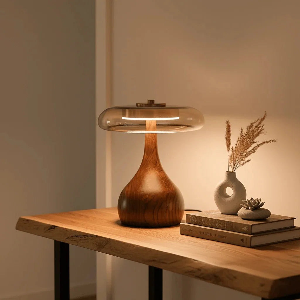 Walnut Wood & Amber Glass Dome Table Lamp — French Retro Style | CALICE™