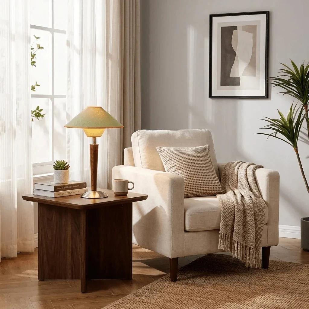 Walnut Wood & Fabric Shade Table Lamp — Timeless Style | NOISETTE™