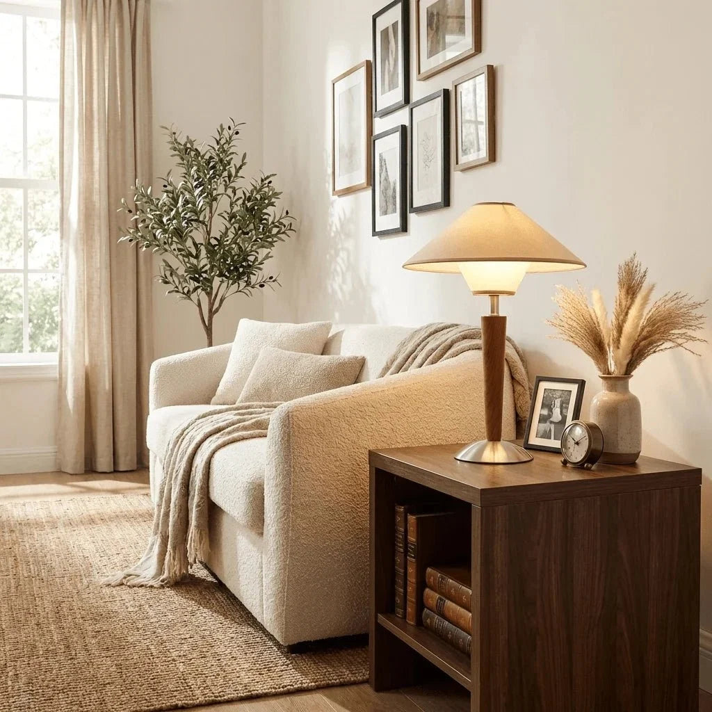 Walnut Wood & Fabric Shade Table Lamp — Timeless Style | NOISETTE™