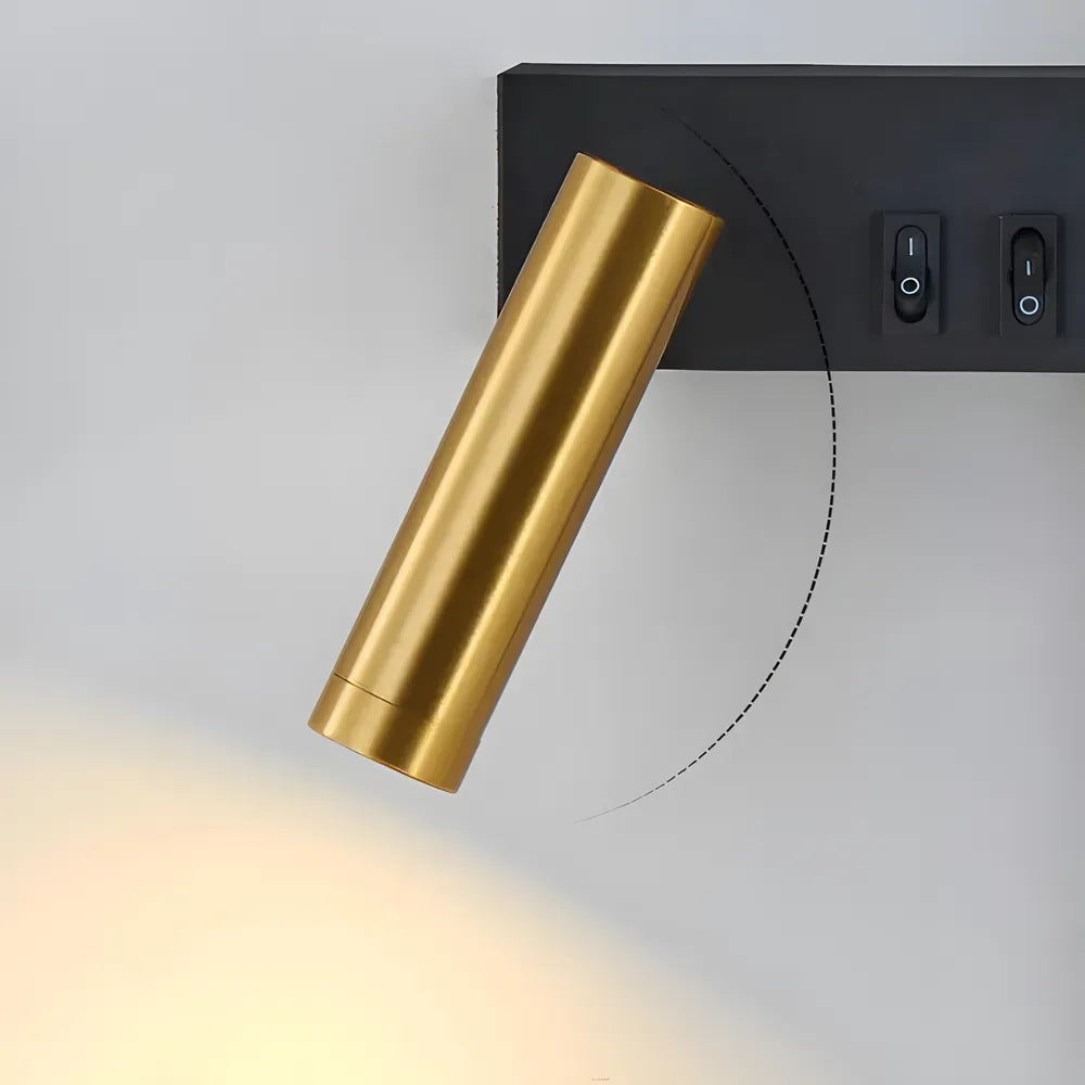 Lumia brushed gold reading spotlight rotates to aim the light