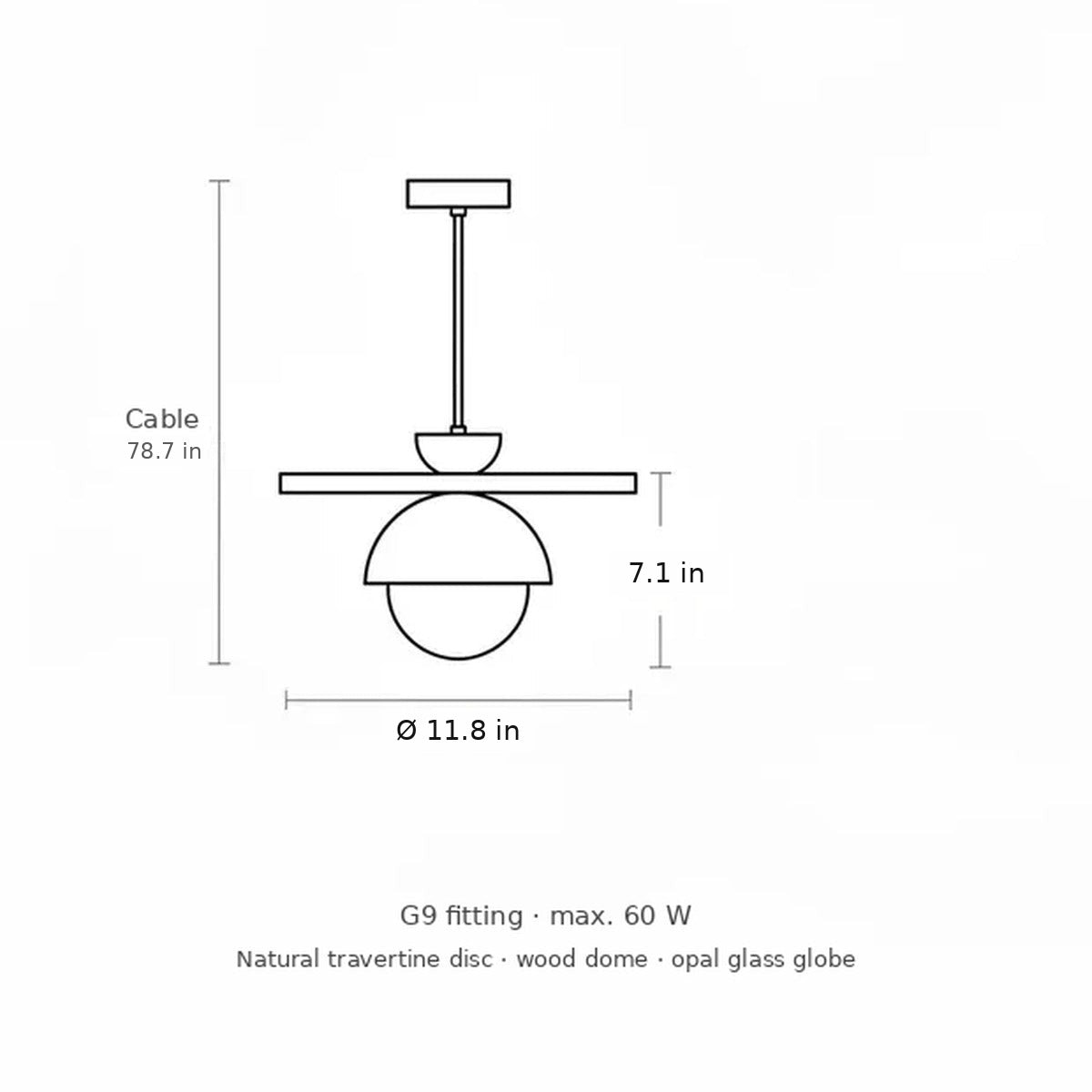 Luna pendant dimensions in inches: 11.8 in diameter disc, 7.1 in high, 78.7 in cord