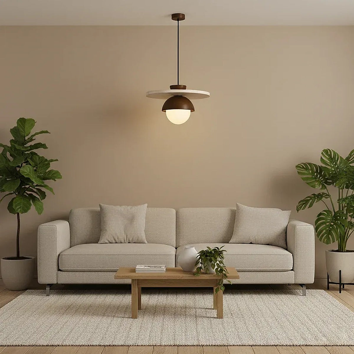 Luna travertine disc pendant light above a coffee table in a living room