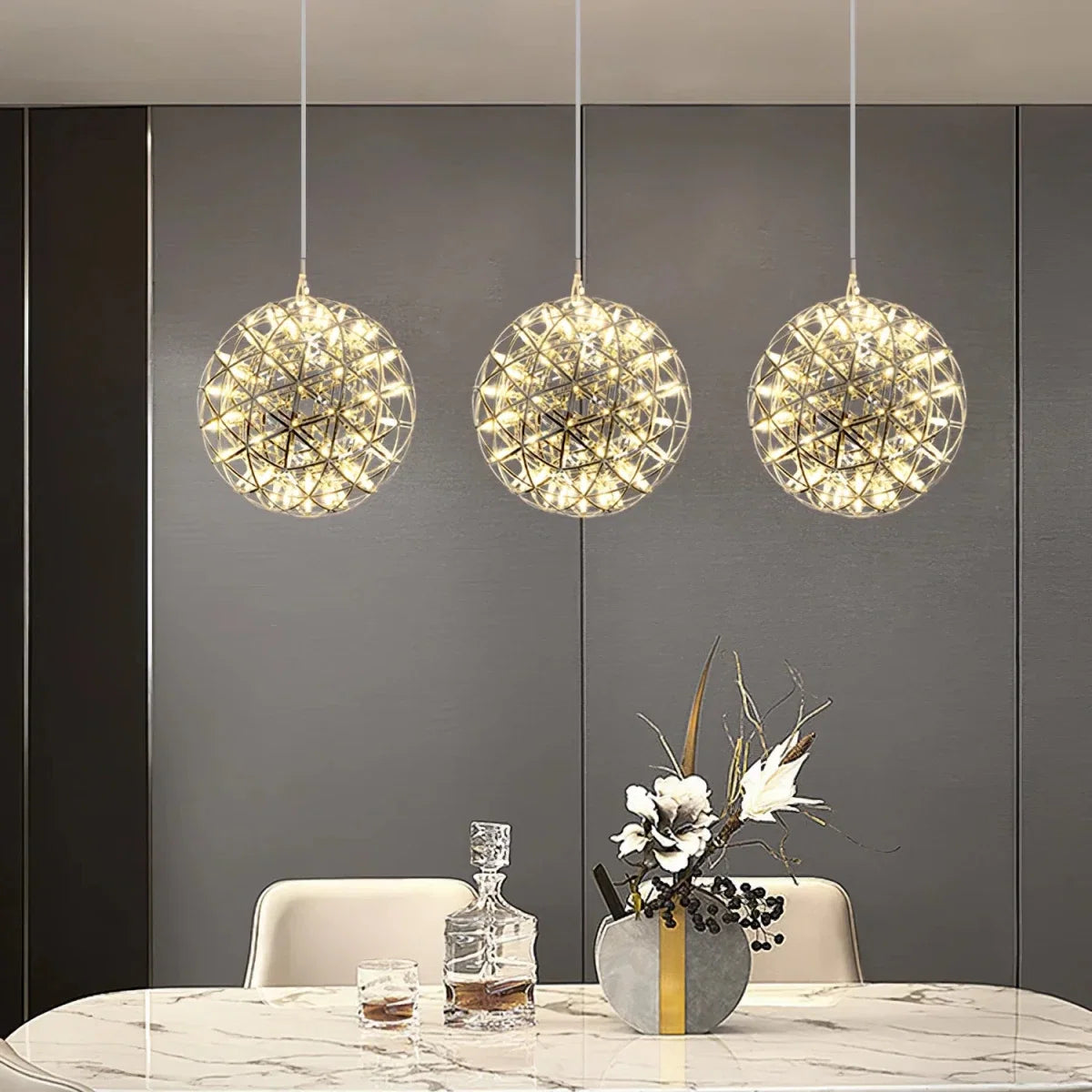 Chrome Steel Sparkle Sphere Chandelier — Modern Multi-Point Flush Mount | ÉTINCELLE™