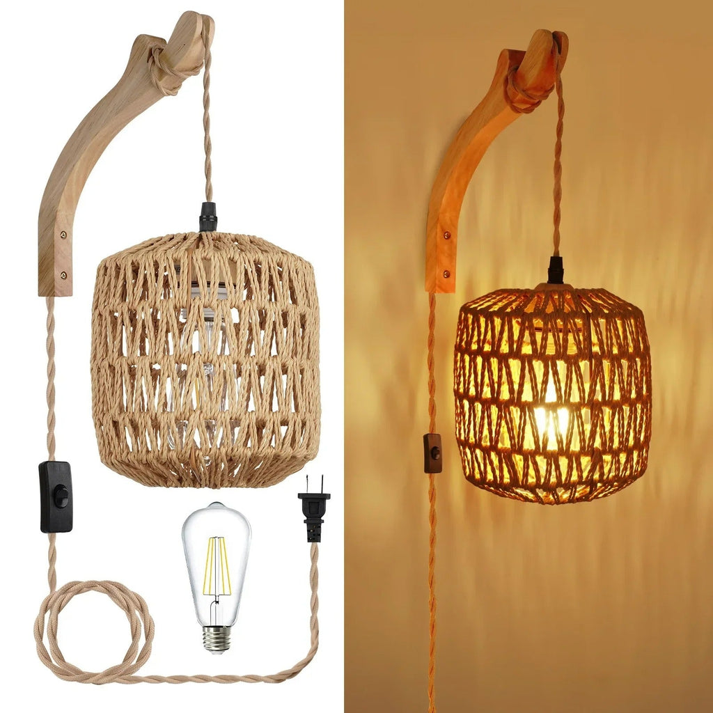 Woven Rattan Basket & Wood Arm Wall Sconce — Boho Style | KORA™
