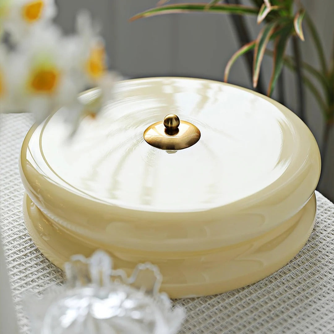 Margot beige ribbed glass flush mount with gold finial, close-up