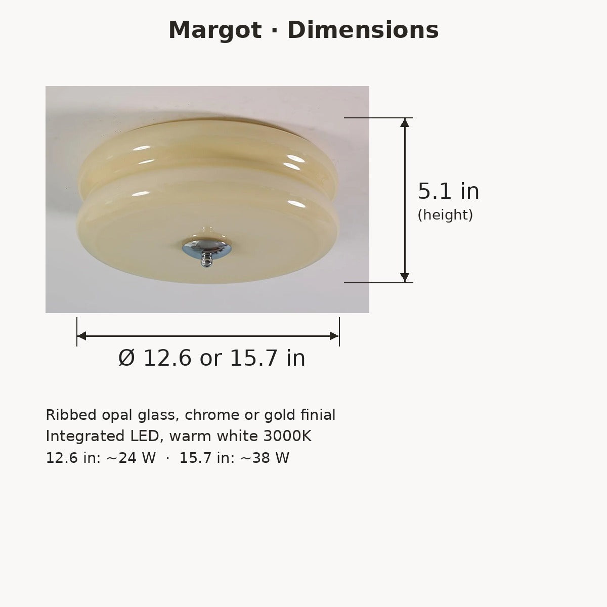 Margot flush mount ceiling light dimensions in inches: 12.6 or 15.7 in diameter, 5.1 in high