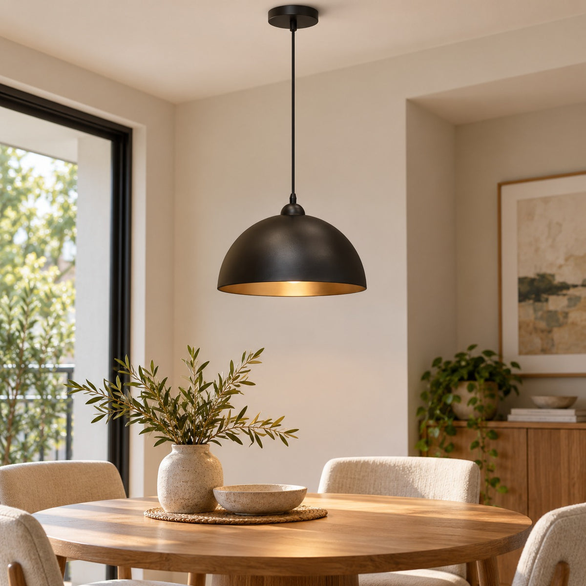 Marlow black dome pendant light with gold interior hanging over a round wood dining table