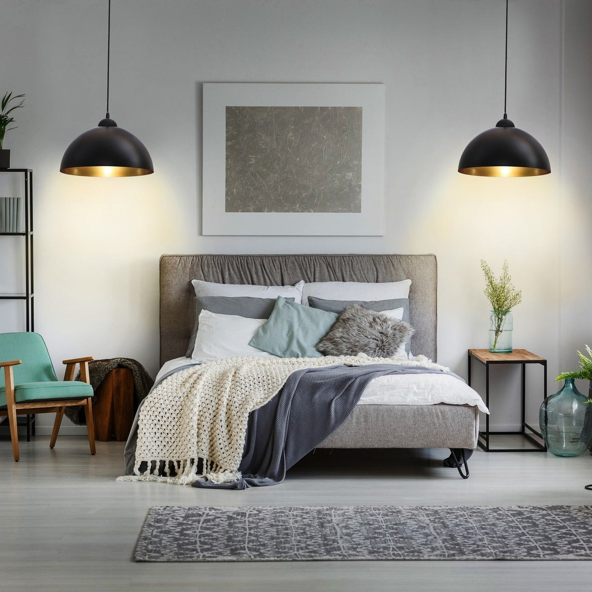 Pair of Marlow black dome pendant lights used as bedside lights in a bedroom