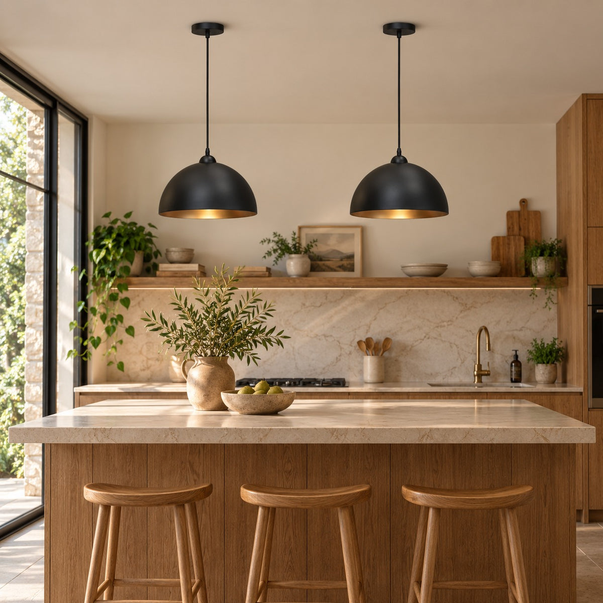 Two Marlow black dome pendant lights above a kitchen island with wood bar stools