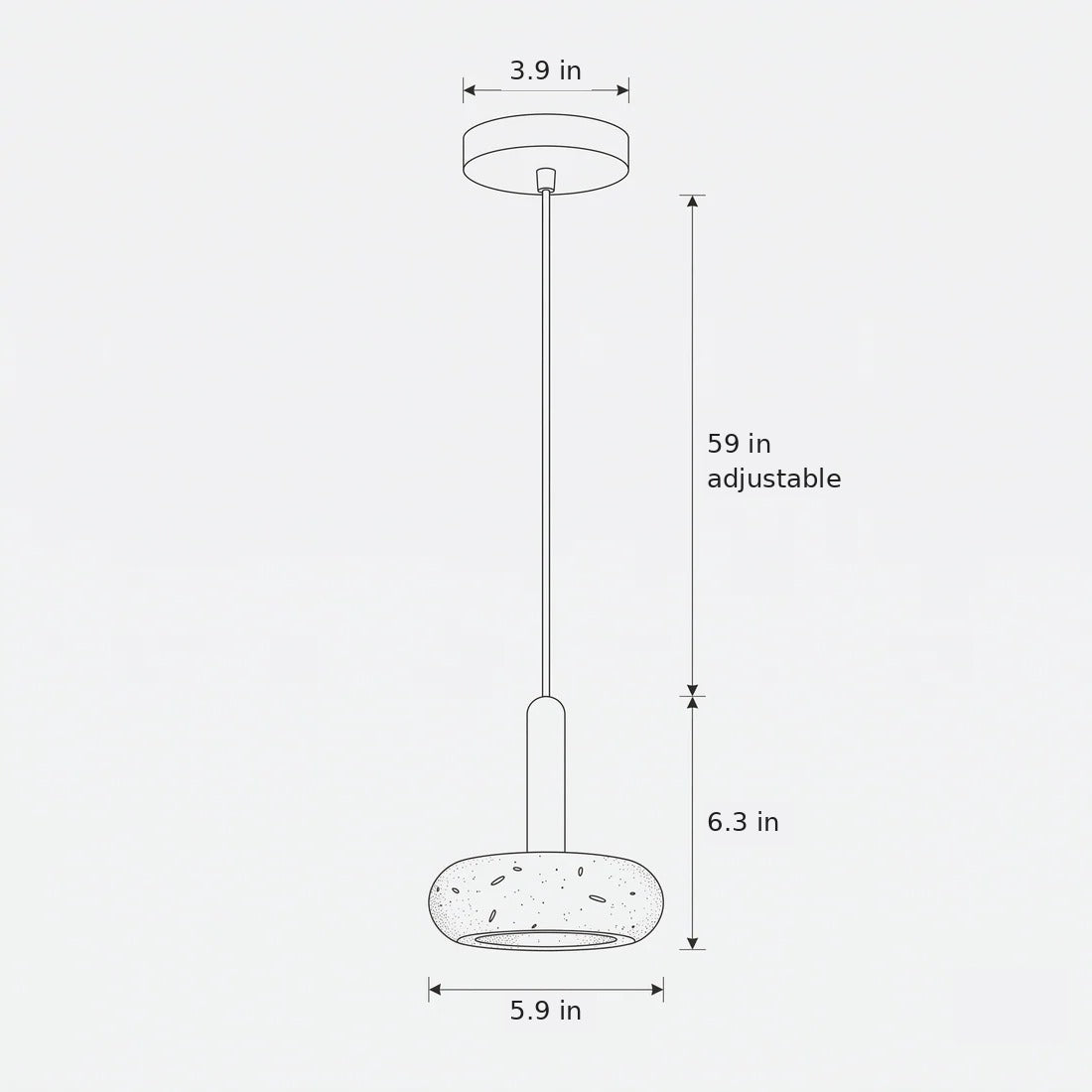Mila pendant dimensions in inches: 5.9 in wide shade, 6.3 in high, 59 in adjustable cord, 3.9 in canopy