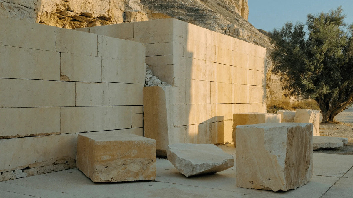 Blocks of natural travertine at the quarry, the stone used for the Mila pendant