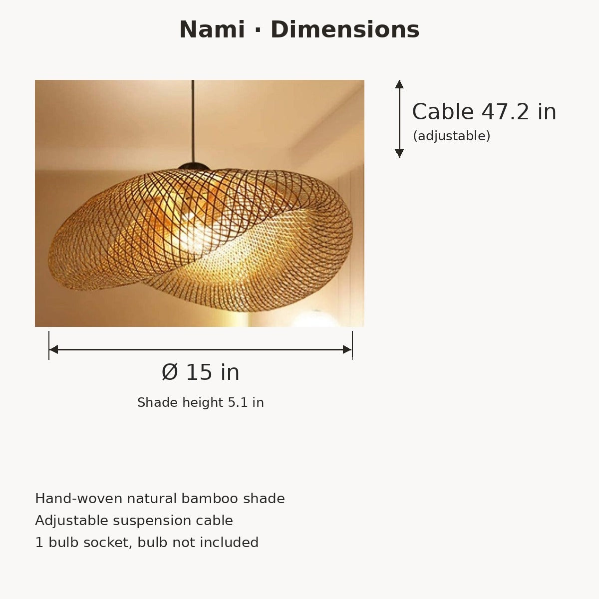 Nami pendant light dimensions in inches: 15 in wide, 5.1 in high, 47.2 in adjustable cable