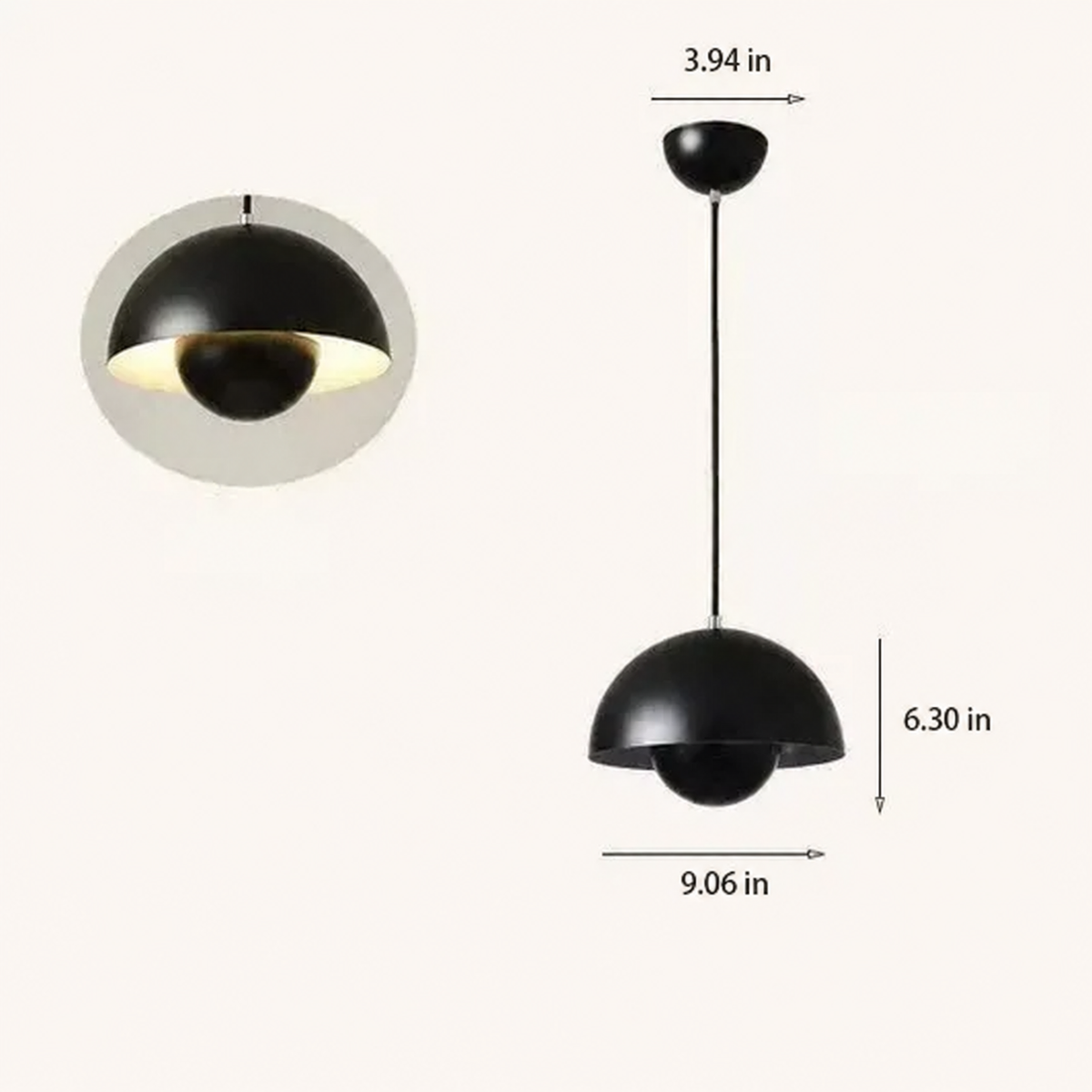 Nola black mushroom pendant light with shade 9.06 inches wide and 6.30 inches high and canopy 3.94 inches wide