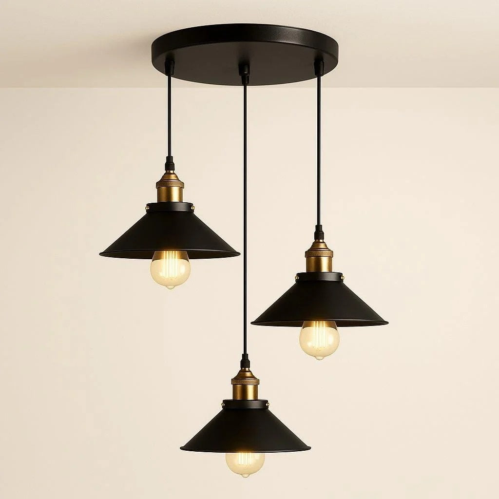 Orrin industrial 3-light cone pendant with round canopy, black shades and brass sockets