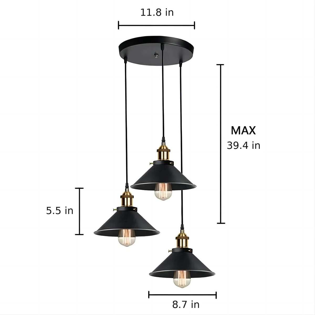 Orrin round canopy dimensions: 11.8 in canopy, 8.7 in shades, 5.5 in high, cords up to 39.4 in