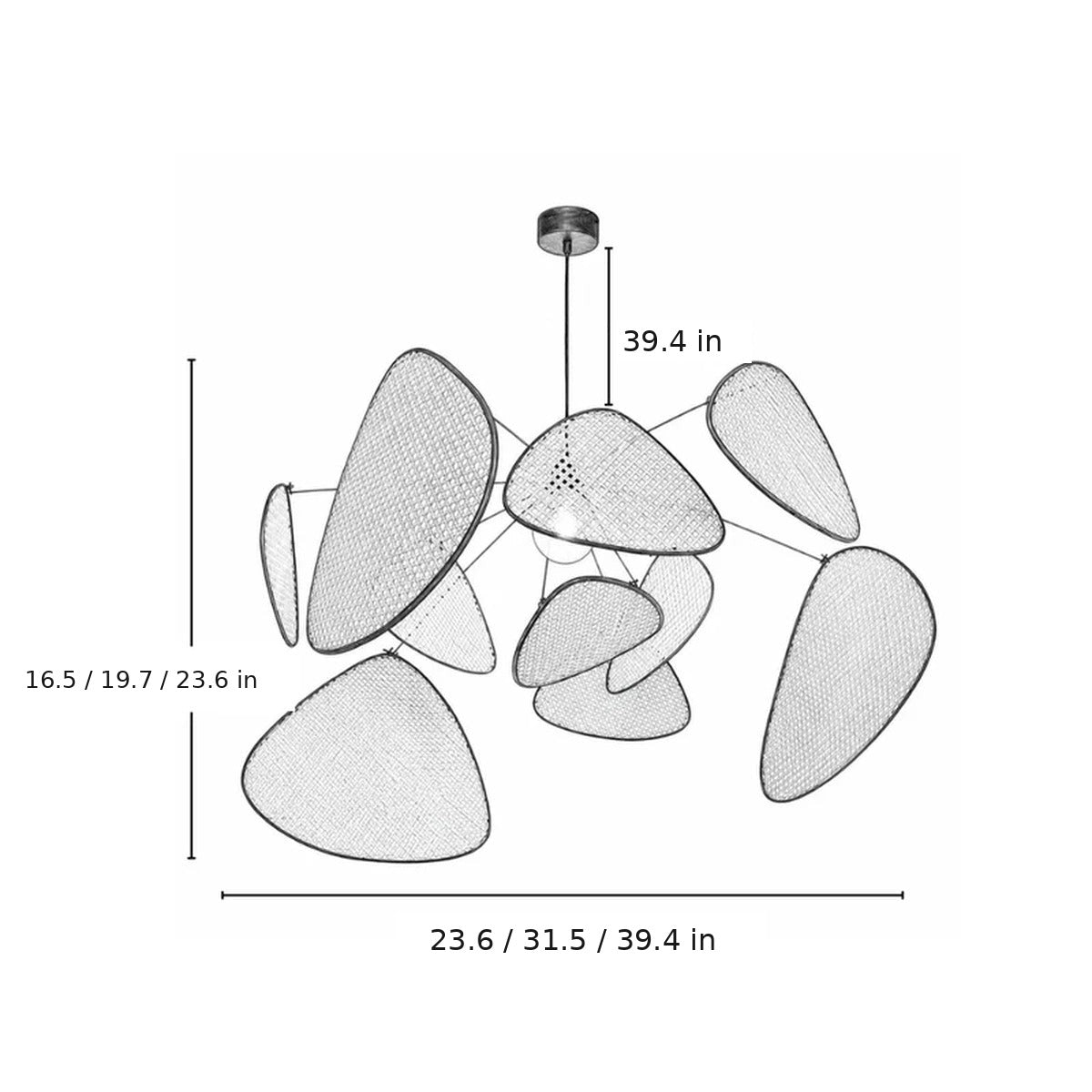 Palma pendant dimensions in inches: 23.6, 31.5 or 39.4 in wide, 16.5, 19.7 or 23.6 in high, 39.4 in cord