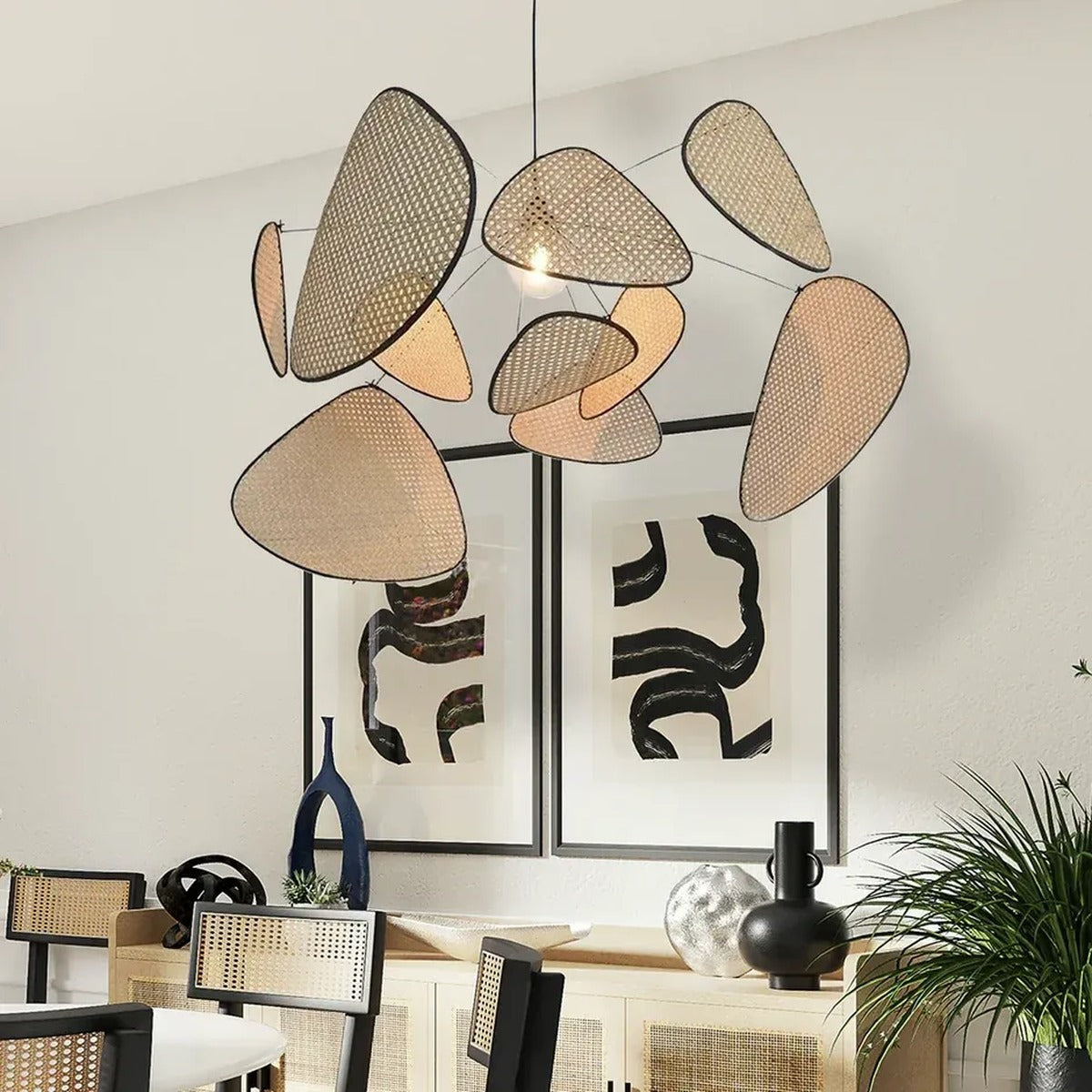 Palma rattan petal pendant light above a dining room sideboard
