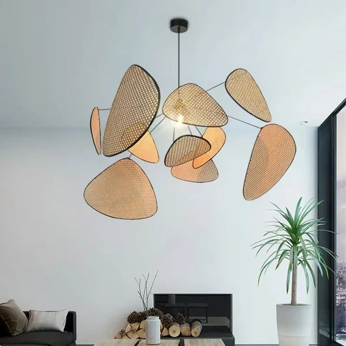 Palma rattan petal pendant light in a bright living room