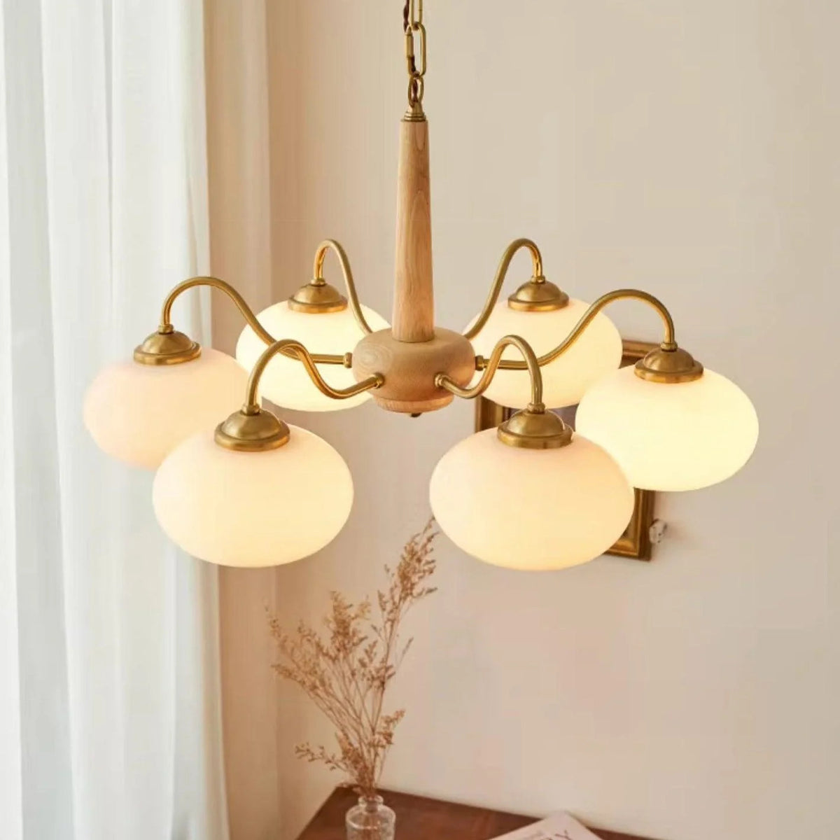 Persimmon Glass and Wood Chandelier – 6 heads Dia 25.9 in x H 13.4 in, Walnut wood & Brass & Cream