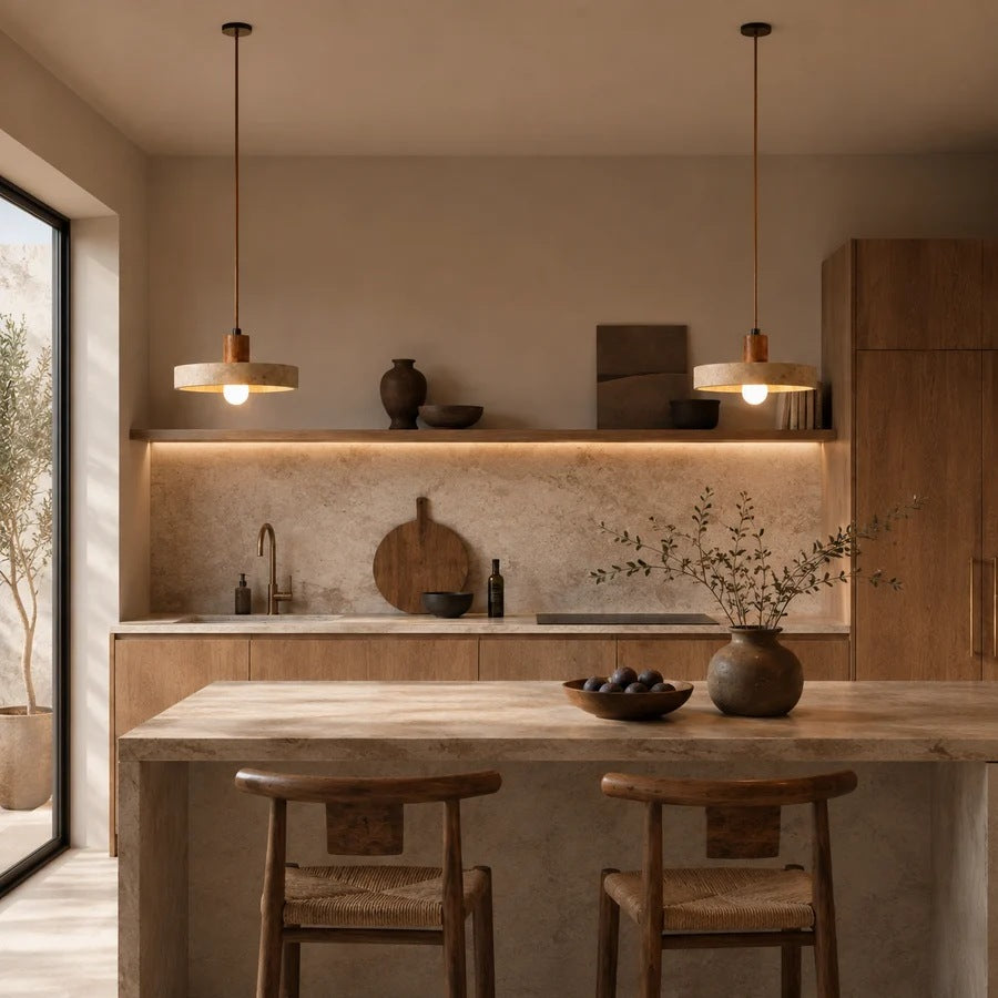 Runa travertine disc pendant lights above a kitchen island