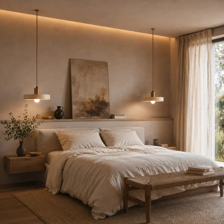 Pair of Runa travertine disc pendant lights on each side of a bed