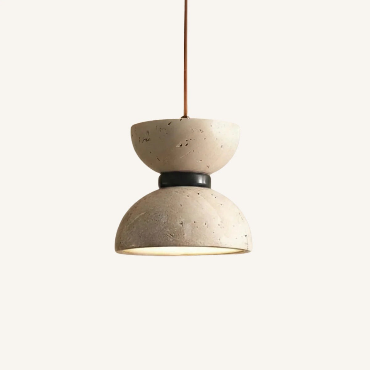 Sable natural travertine hourglass pendant light with a black accent ring