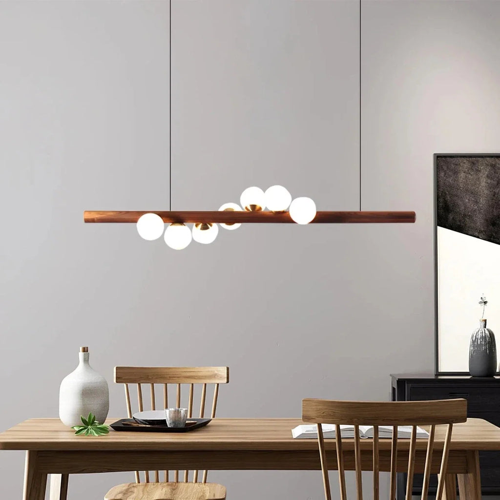Wood Beam & Glass Globe Pendant — Nordic Dining Table Chandelier | BRINDILLE™