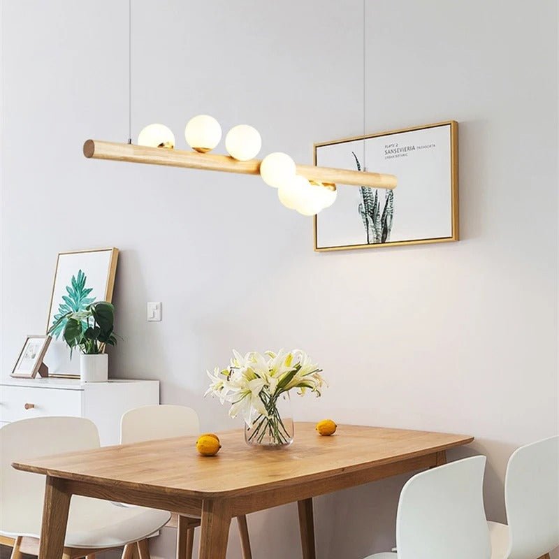 Wood Beam & Glass Globe Pendant — Nordic Dining Table Chandelier | BRINDILLE™