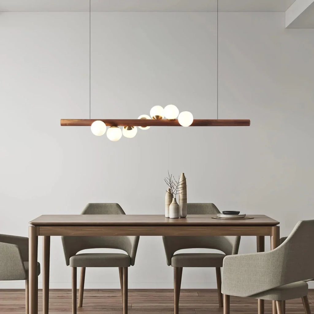 Wood Beam & Glass Globe Pendant — Nordic Dining Table Chandelier | BRINDILLE™