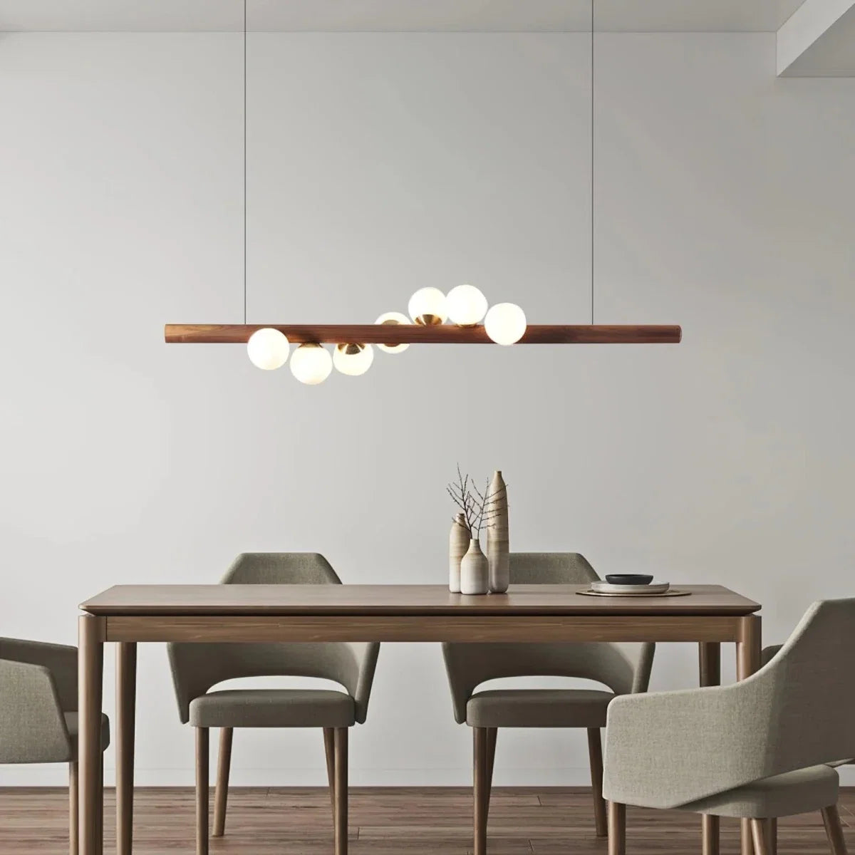 Wood Beam & Glass Globe Pendant — Nordic Dining Table Chandelier | BRINDILLE™