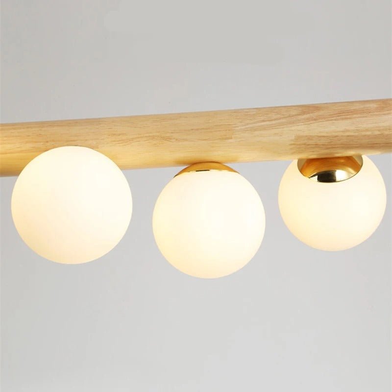 Wood Beam & Glass Globe Pendant — Nordic Dining Table Chandelier | BRINDILLE™