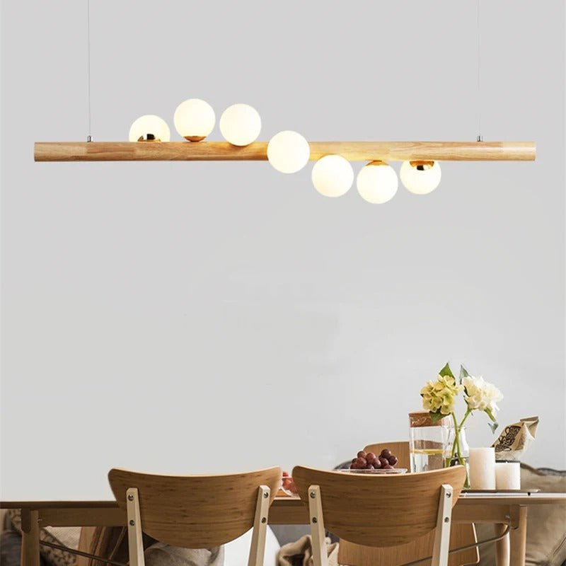 Wood Beam & Glass Globe Pendant — Nordic Dining Table Chandelier | BRINDILLE™