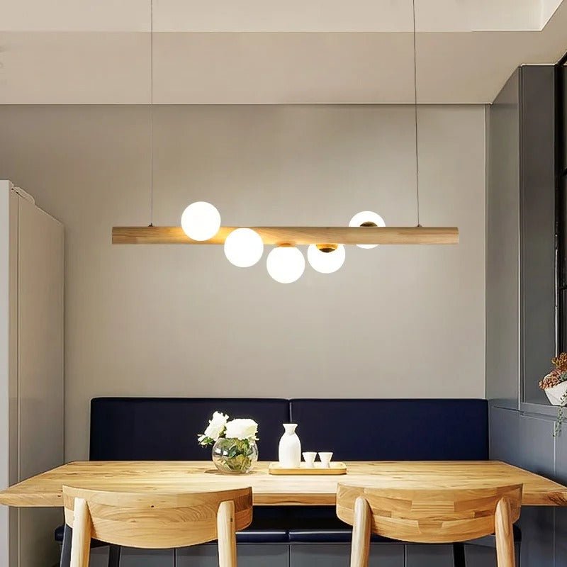Wood Beam & Glass Globe Pendant — Nordic Dining Table Chandelier | BRINDILLE™