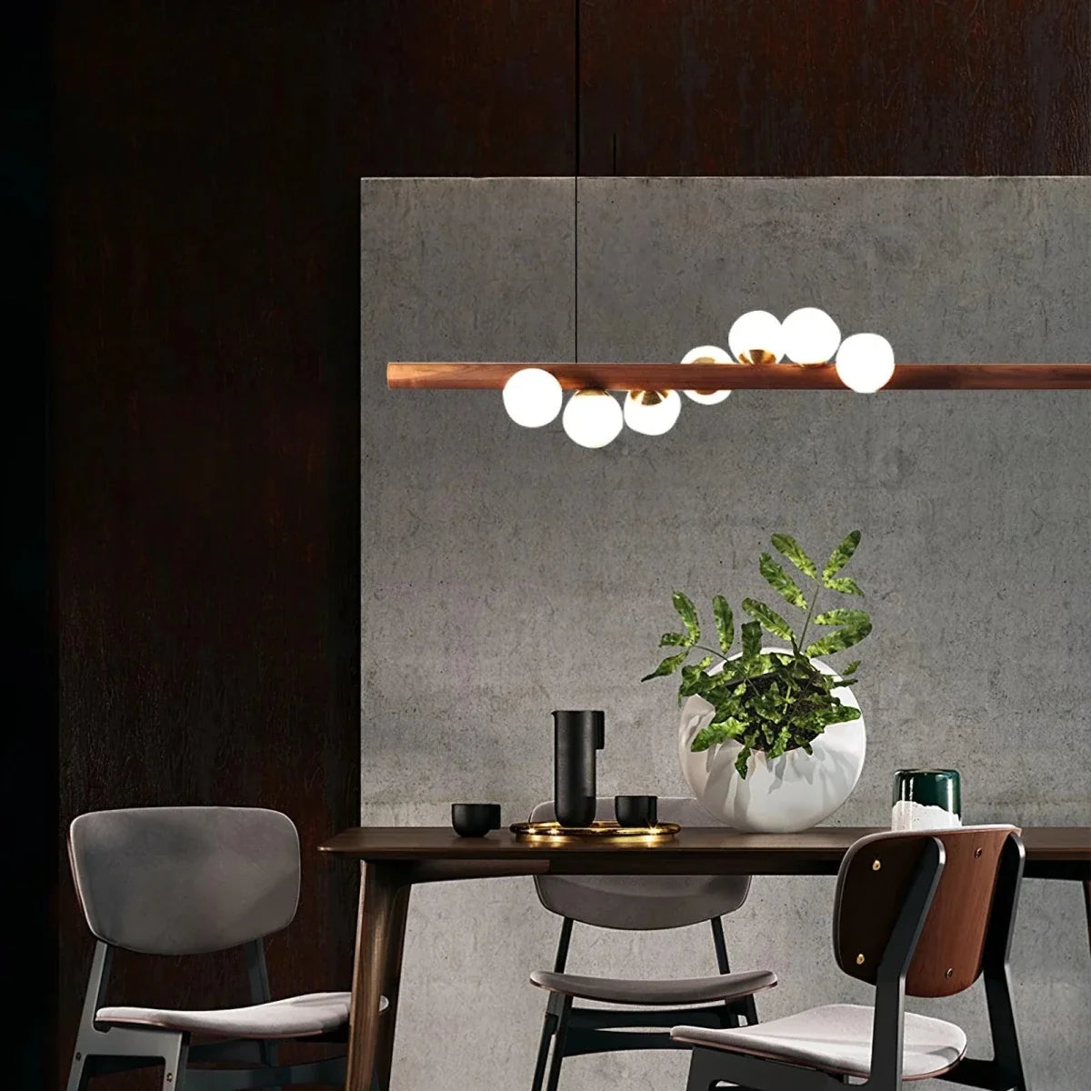 Wood Beam & Glass Globe Pendant — Nordic Dining Table Chandelier | BRINDILLE™