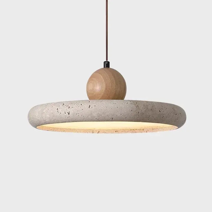 Travertine disc pendant with light wood sphere and warm integrated LED