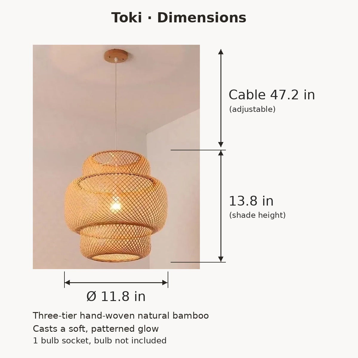 Toki pendant light dimensions in inches: 11.8 in wide, 13.8 in high, 47.2 in adjustable cable