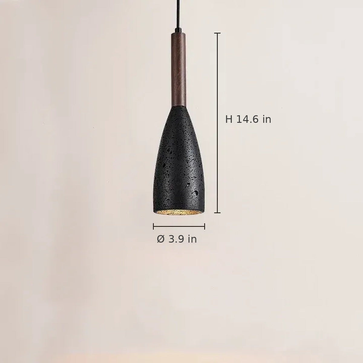 Tova pendant dimensions in inches: 14.6 in high, 3.9 in diameter, black stone with walnut