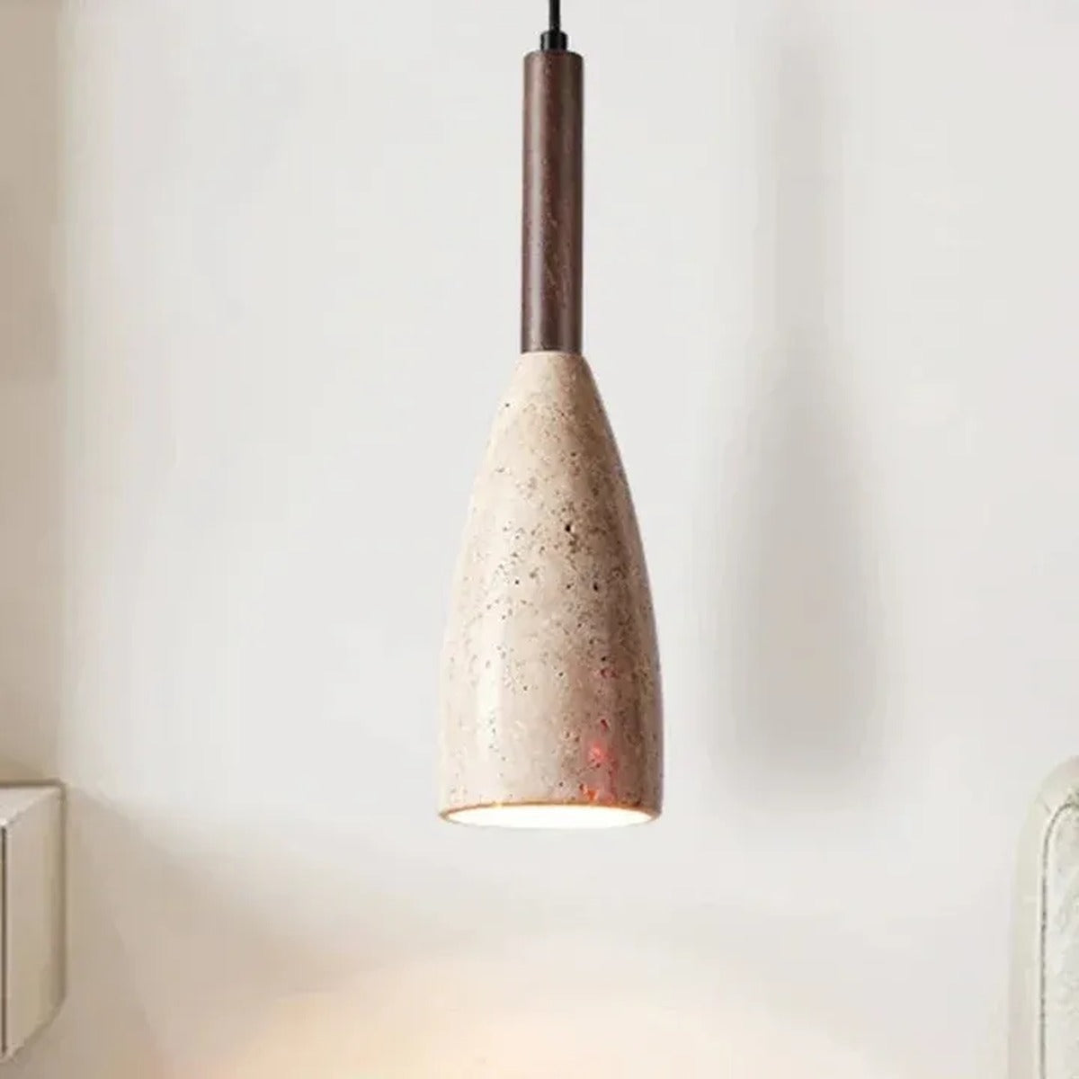 Tova travertine bottle pendant light with a walnut wood neck