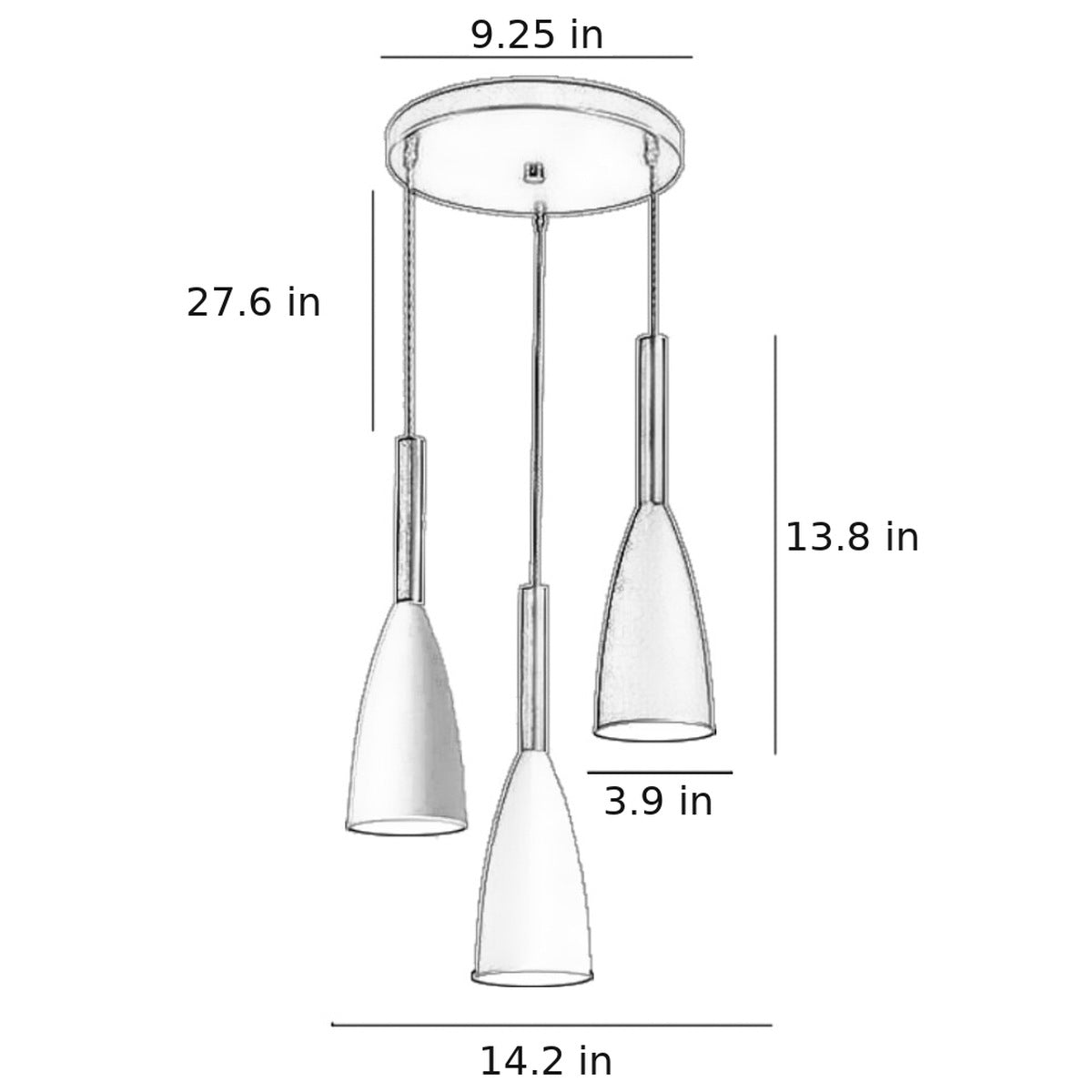Vika 3-light round pendant dimensions in inches: 9.25 in ceiling plate, 27.6 in adjustable cables, 13.8 in pendants, 3.9 in shades, 14.2 in overall width