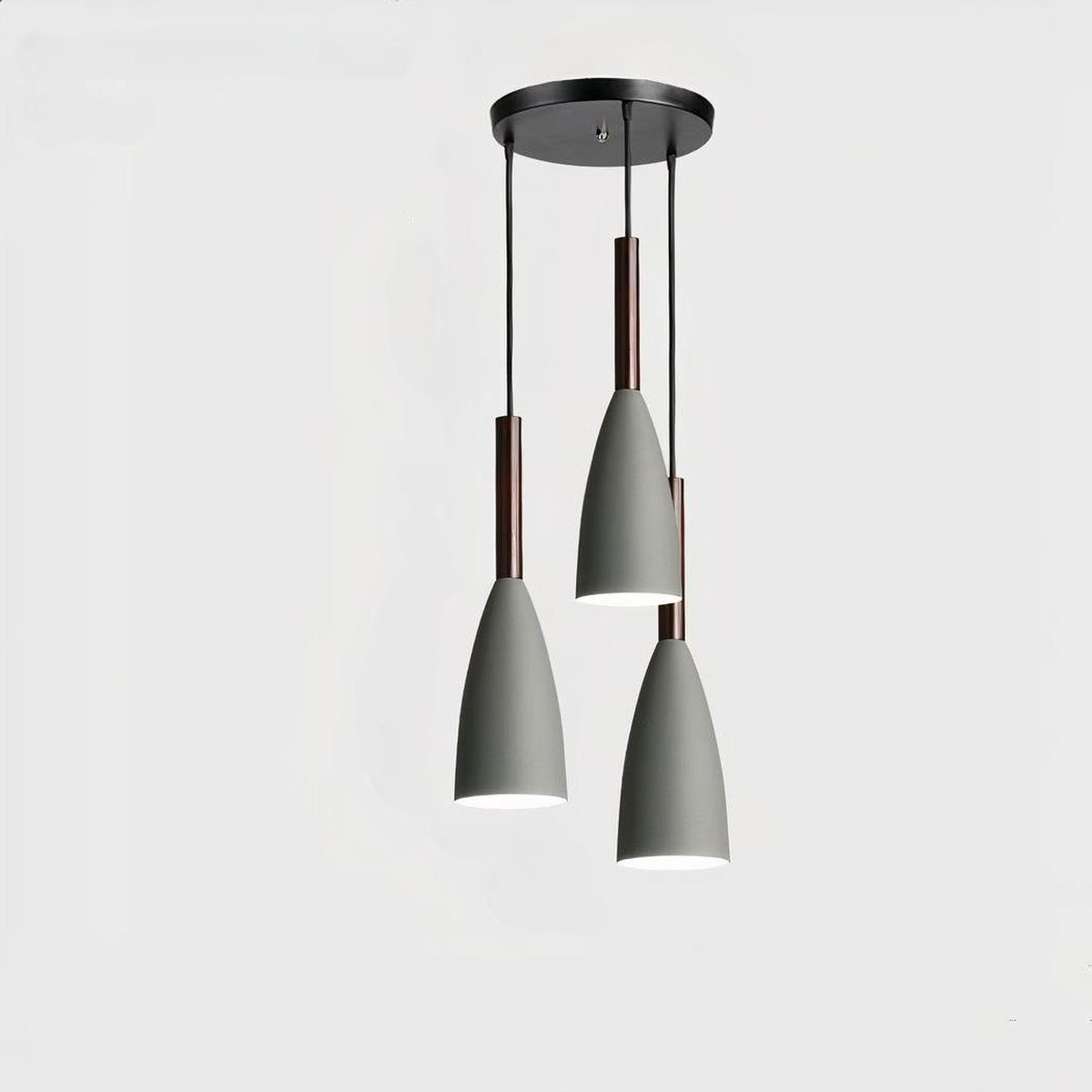 Vika 3-light round pendant in all gray with wood necks on a round black ceiling plate