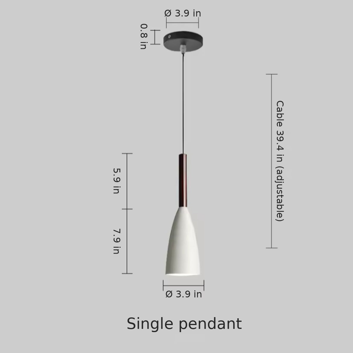 Vika single pendant dimensions in inches: 3.9 in shade, 7.9 in shade height, 5.9 in wood neck, 39.4 in adjustable cable, 3.9 in canopy
