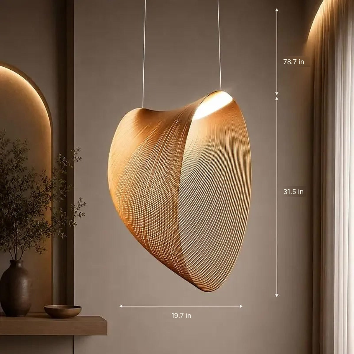 Wren pendant 31.5 in size dimensions: 31.5 in tall, 19.7 in wide, wires up to 78.7 in