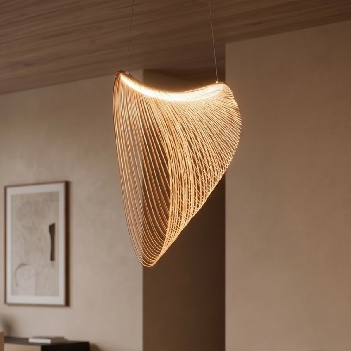 Close-up of the Wren pendant's fine curved strips lit by its hidden LED band
