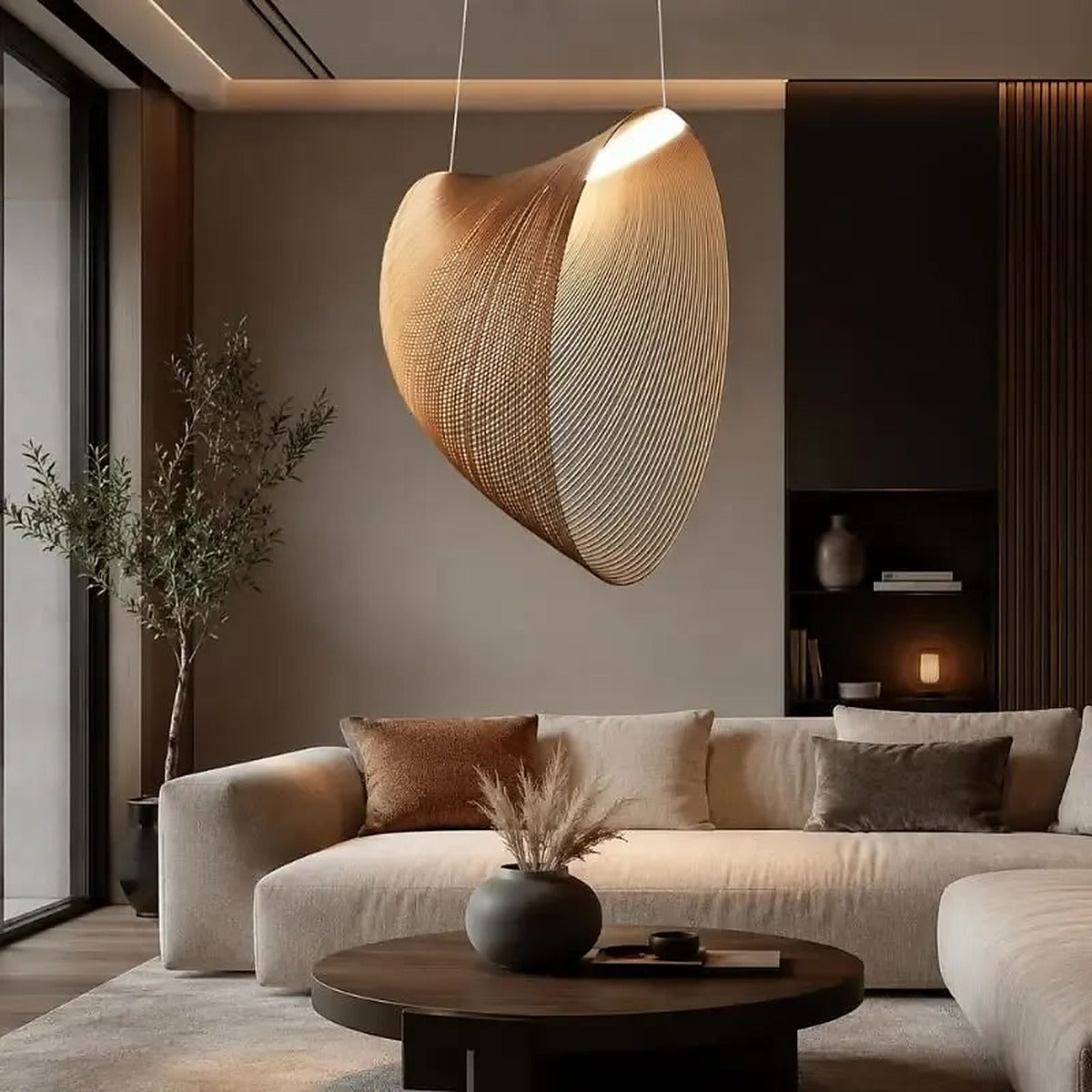 Wren sculptural shell LED pendant light in wood tone glowing above a cream sofa in a modern living room