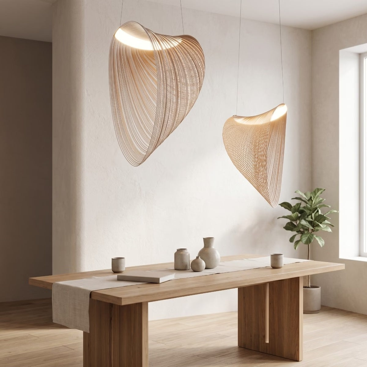 Two Wren shell pendants in different sizes hung at staggered heights over a wooden dining table